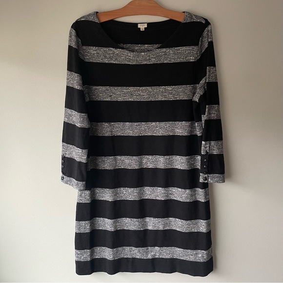J Crew Striped Sweater Dress 100% Cotton Long Sleeve Black Grey Size Medium - Picture 1 of 6